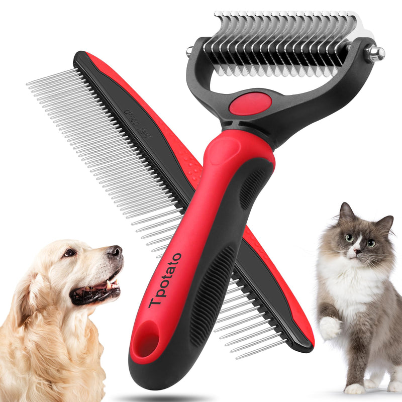Tpotato Deshedding Pet Brush for Long Haired Dogs CatsUndercoat Shedding Rake for Dematting Detangling Tangles Matted Fur and KnotsFree Pet CombProfessional Pet Grooming Supplies Tool KitRed