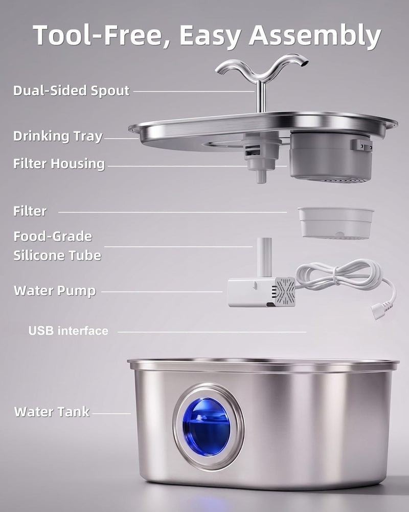 3.2L Stainless Steel Pet Water Fountain with Dual Spouts
