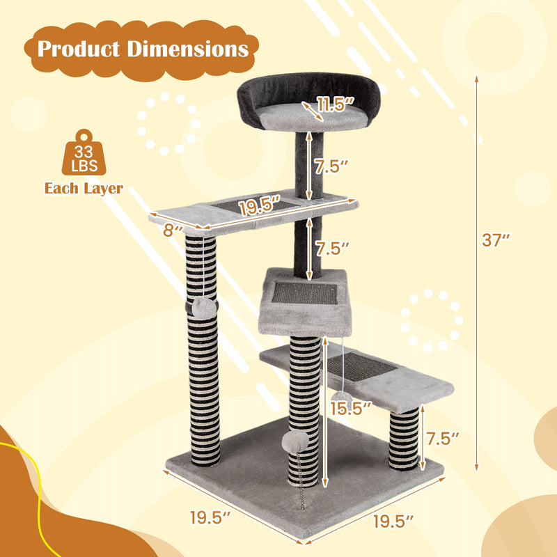 93 cm Cat Tree with Sisal & Jute Scratching Posts