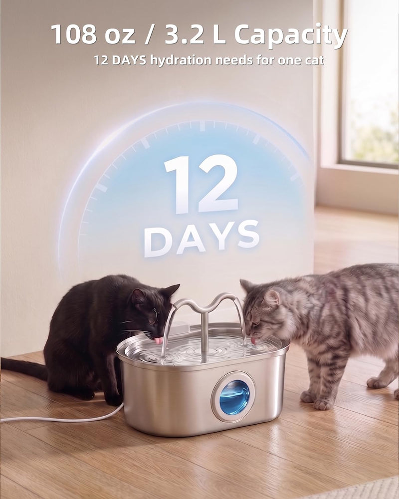 3.2L Stainless Steel Pet Water Fountain with Dual Spouts