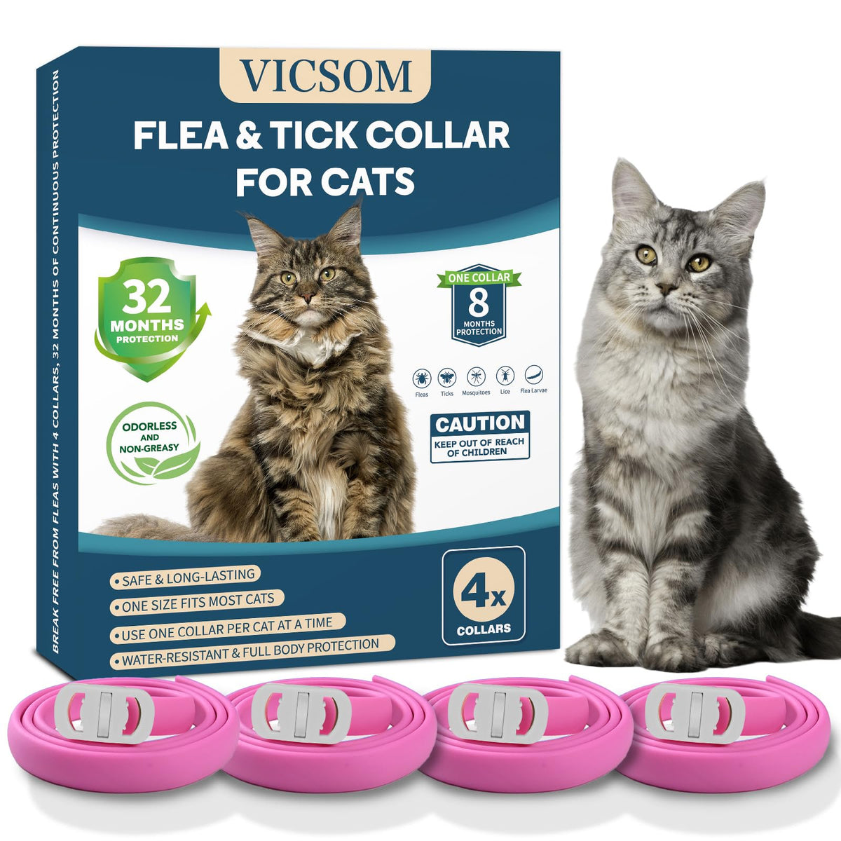 Adjustable Cat Flea Collars, Pink, 4 Pack