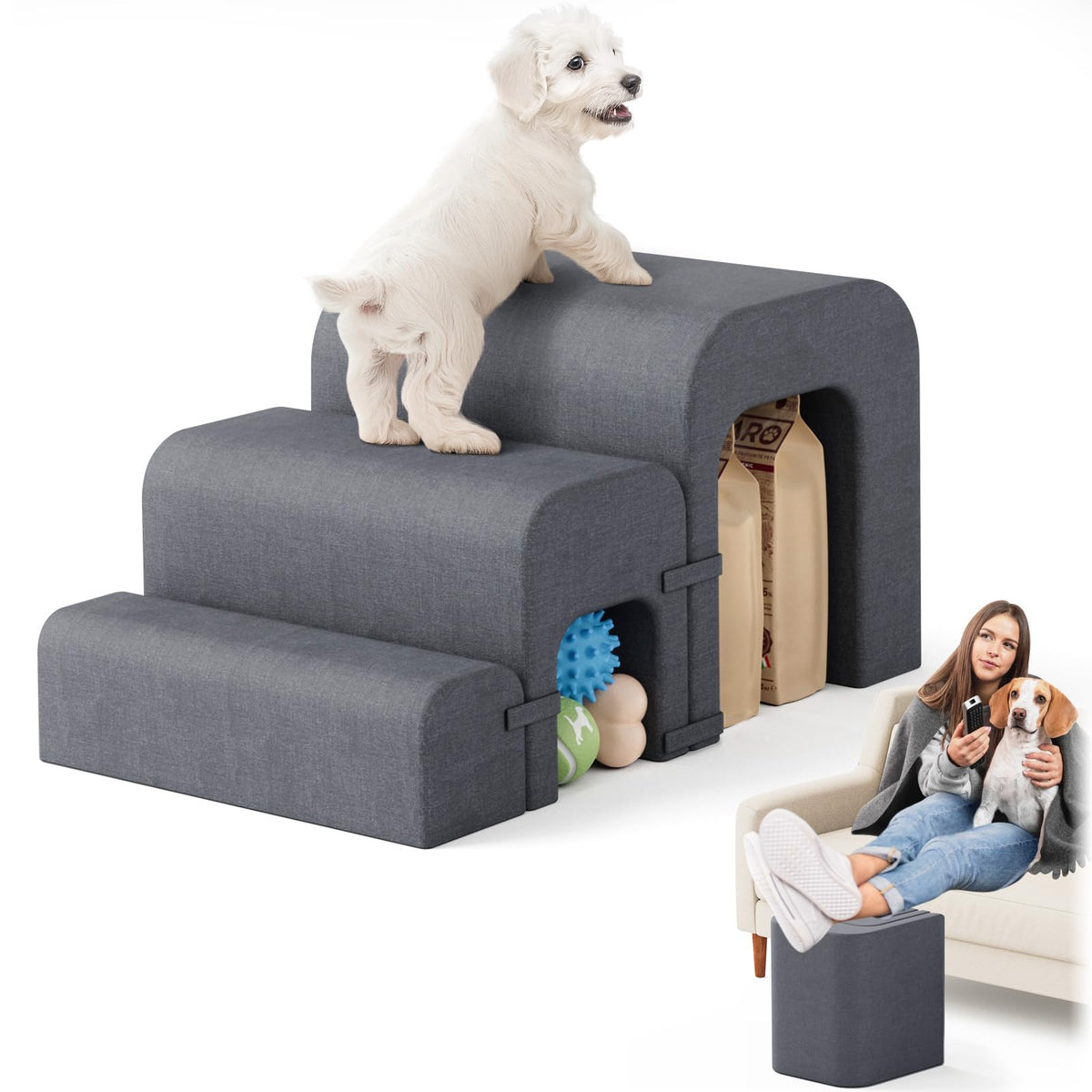 SereneCloud 3-Step Pet Stairs with Storage, Gray