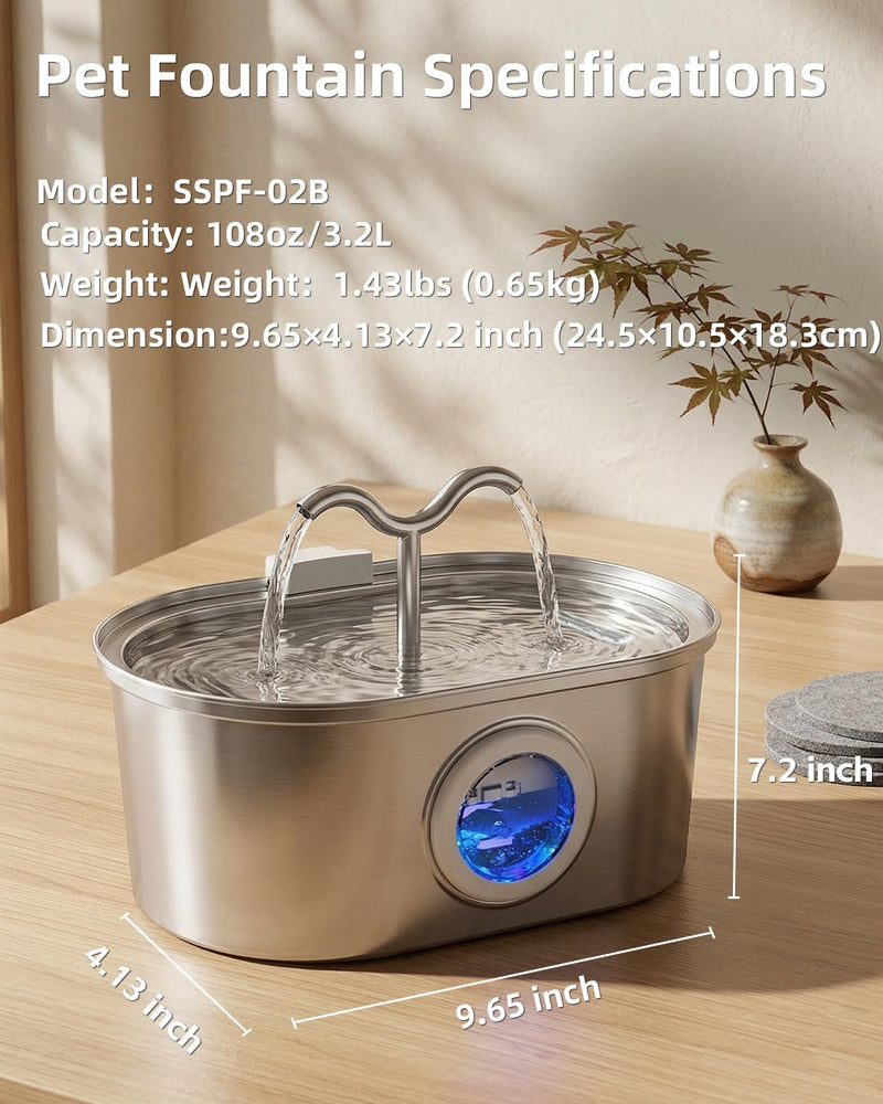 3.2L Stainless Steel Pet Water Fountain with Dual Spouts