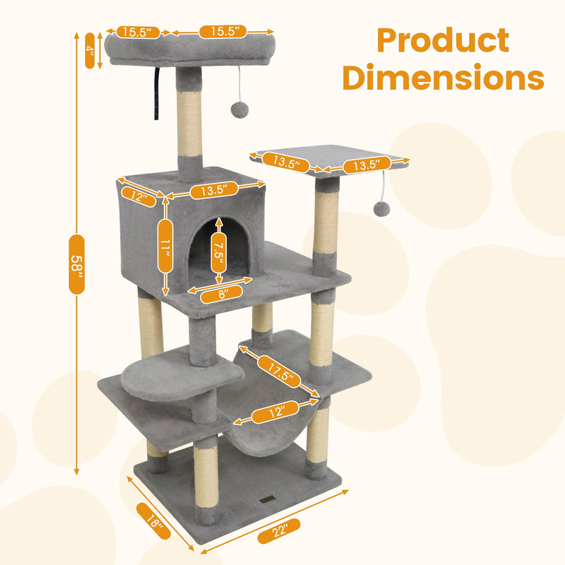 58-Inch Multi-Level Plush Cat Tree
