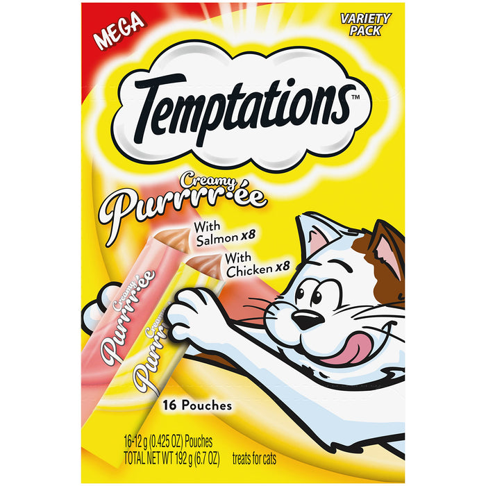 Temptations Creamy Puree with Chicken and Salmon Variety Pack of Lickable Squeezable Cat Treats 0.42 Oz Pouches 16 Count