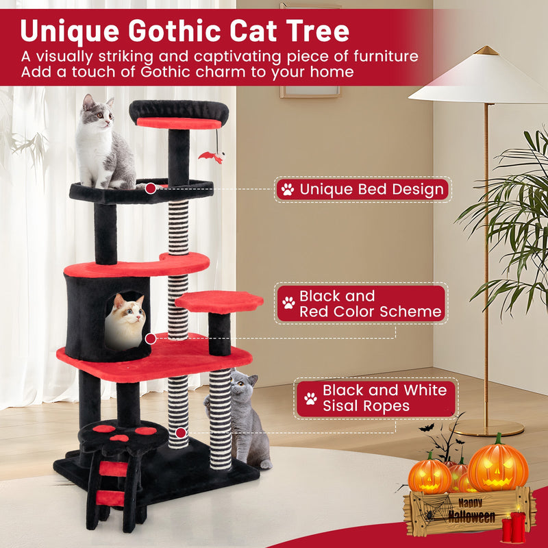 Gothic Cat Tree with Bed & Condo, Black & Red