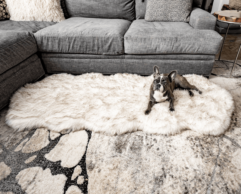 PupRug® Runner Faux Fur Memory Foam Dog Bed - Curve White with Brown Accents