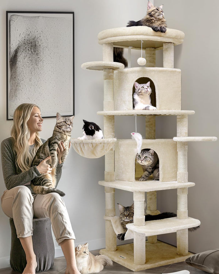 Globlazer C66 66-inch Corner Cat Tree with Condos & Hammock, Beige