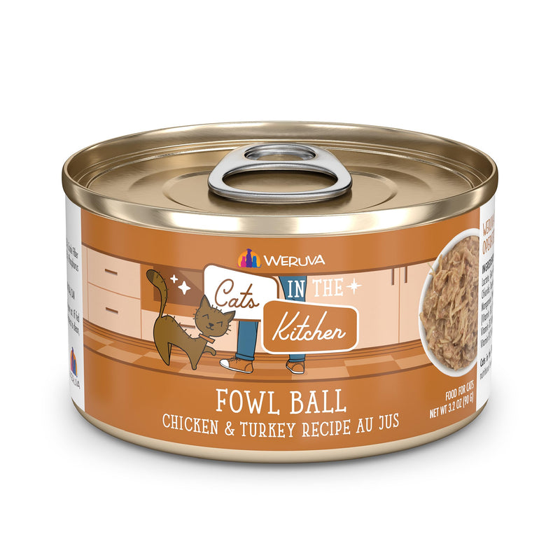 Weruva Cats in The Kitchen Fowl Ball with Chicken & Turkey Au Jus Cat Food 3.2oz Can (Pack of 24)