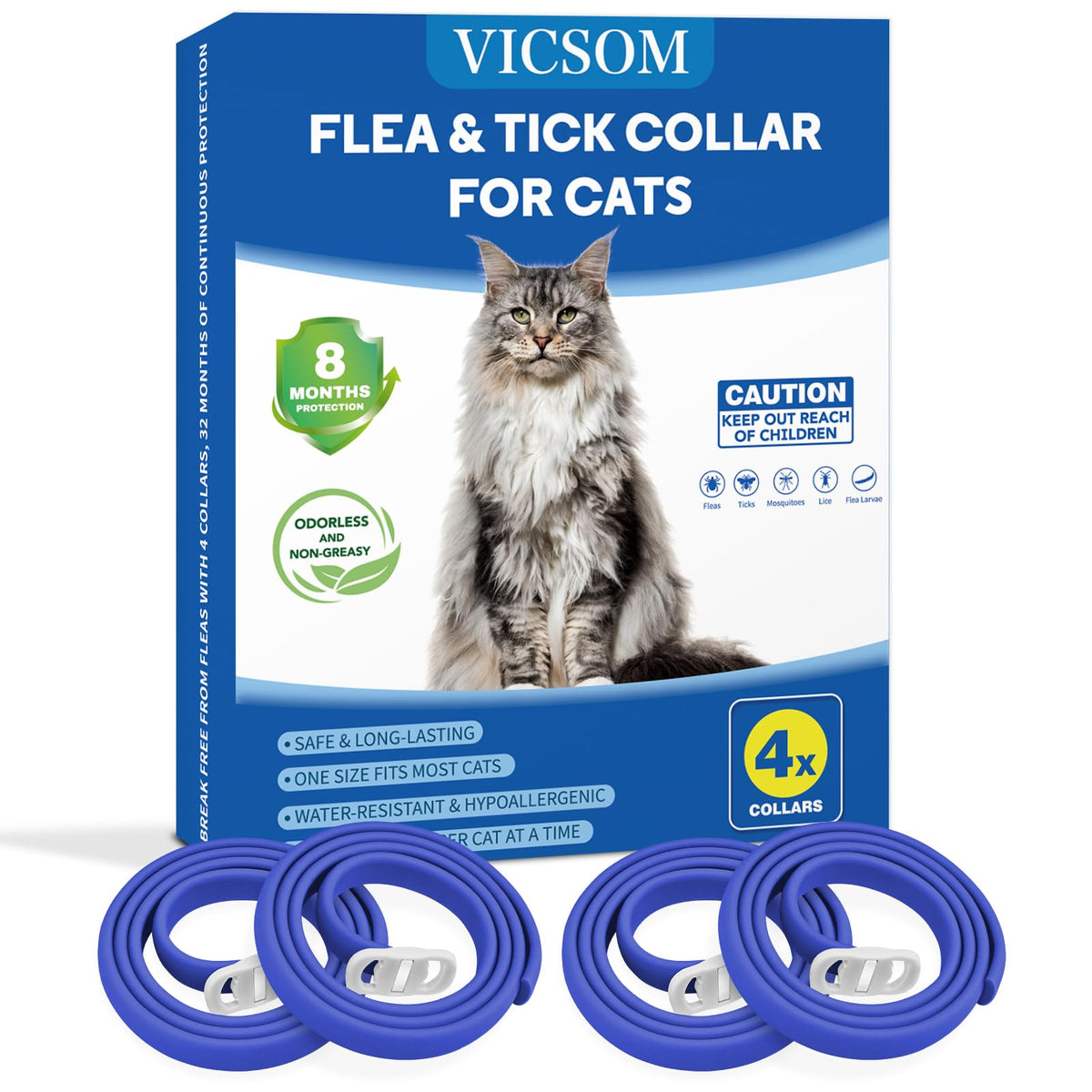 Adjustable Cat Flea Collars, Blue, 4 Pack