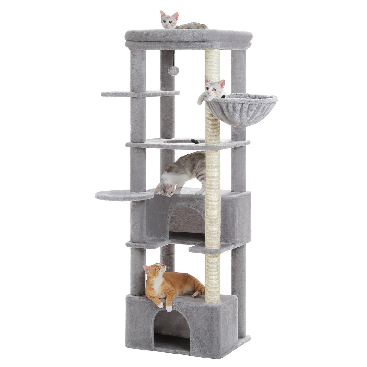 68-inch Cat Tree for Large Cats with Condos & Hammock, Grey