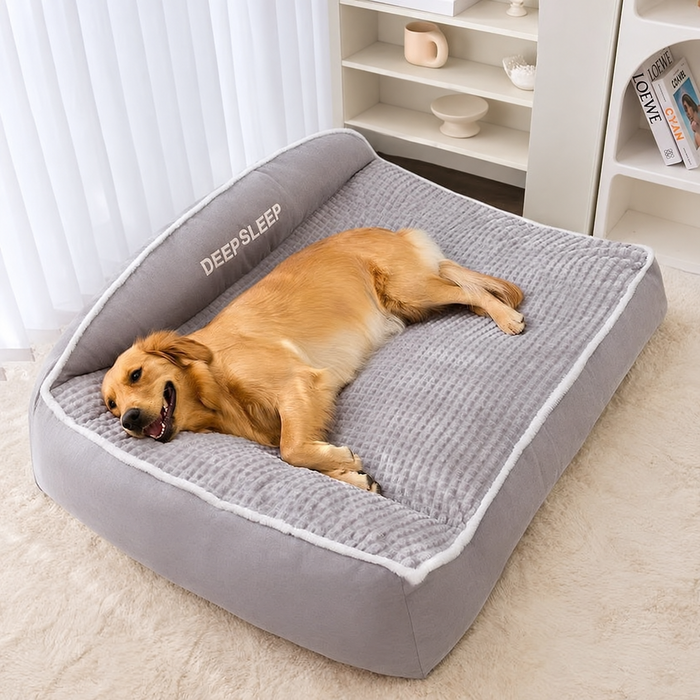 Golden dog resting on the gray Cozy Bolster Pet Sofa Bed