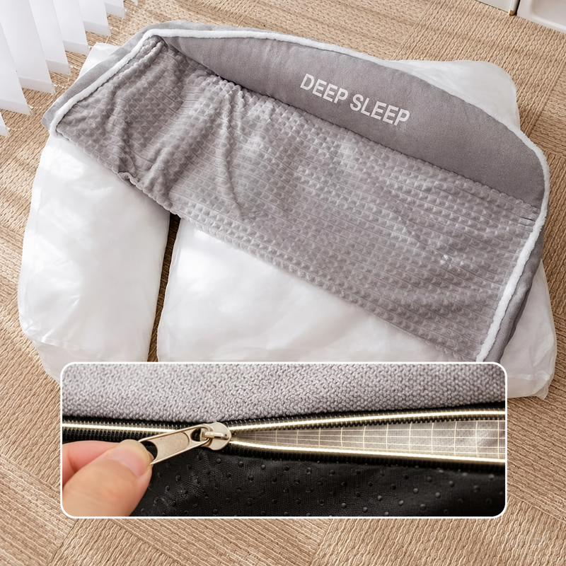 Opened gray pet bed cover, white inserts and a close view of the zipper