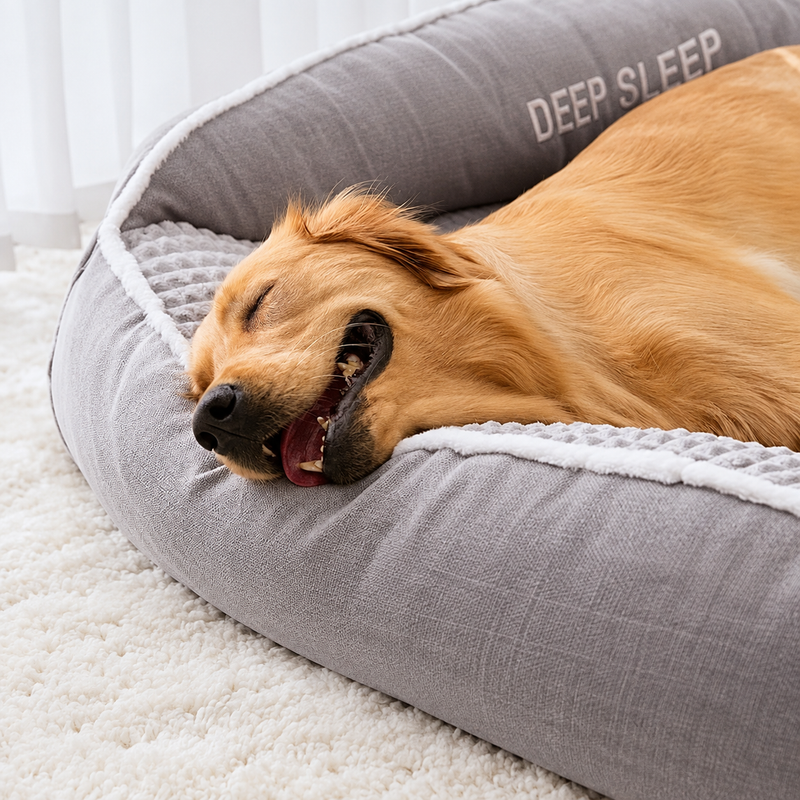 Golden dog resting against the gray bed bolster with a close view of the fabric and piping
